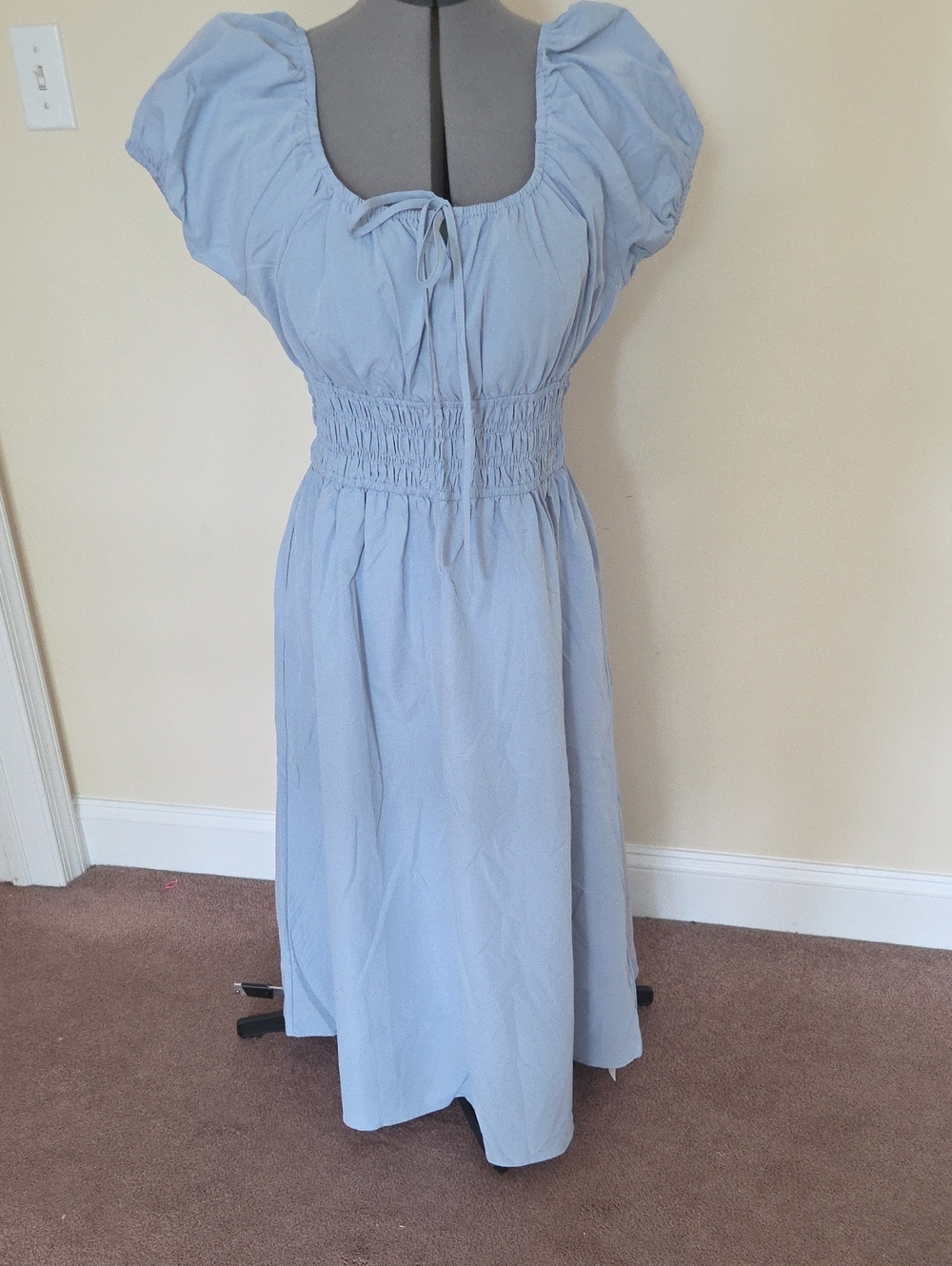 Light Blue Puff Sleeve Smocked-Waist Midi Dress